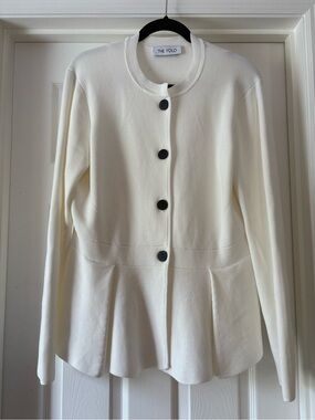 THE FOLD Women's Ivory Button-Front Peplum Jacket L Large